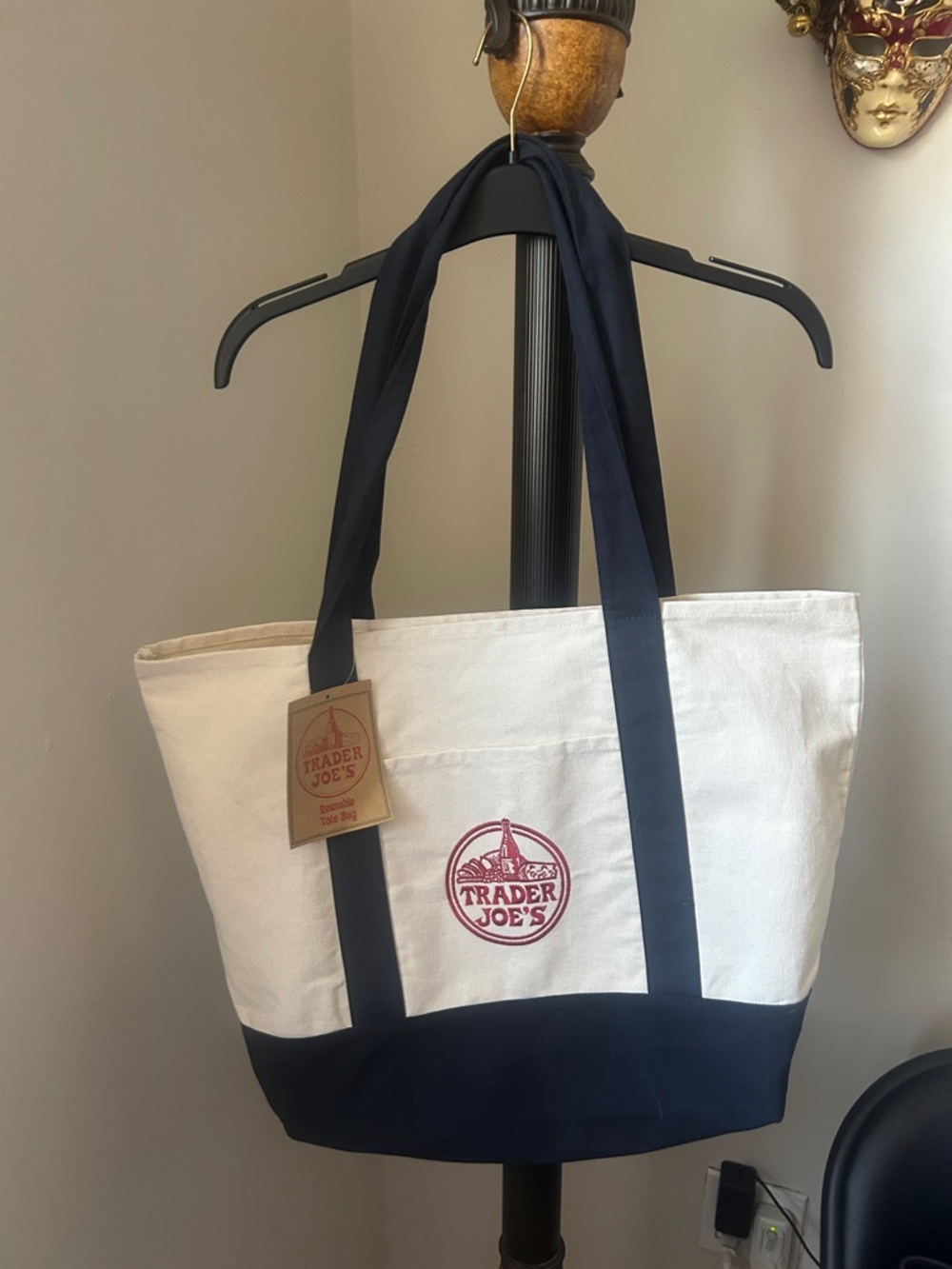 Trader Joe's Cream and Navy Canvas Tote NWT
